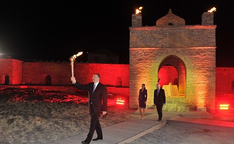President Aliyev Captures Baku 2015 European Games Flame at Ancient Temple, Ateshgah - VIDEO